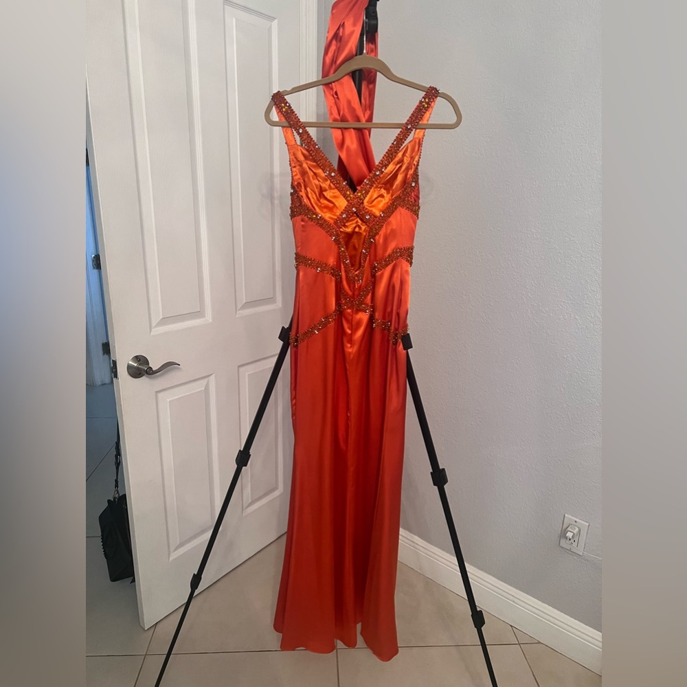 orange satin sequence dress